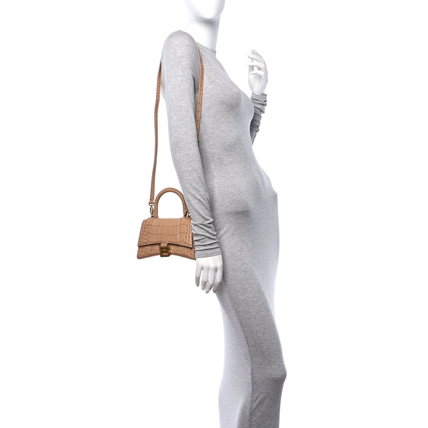 Balenciaga Shiny Calfskin Crocodile Embossed Hourglass Top Handle Bag XS Nude Beige 2 of 9