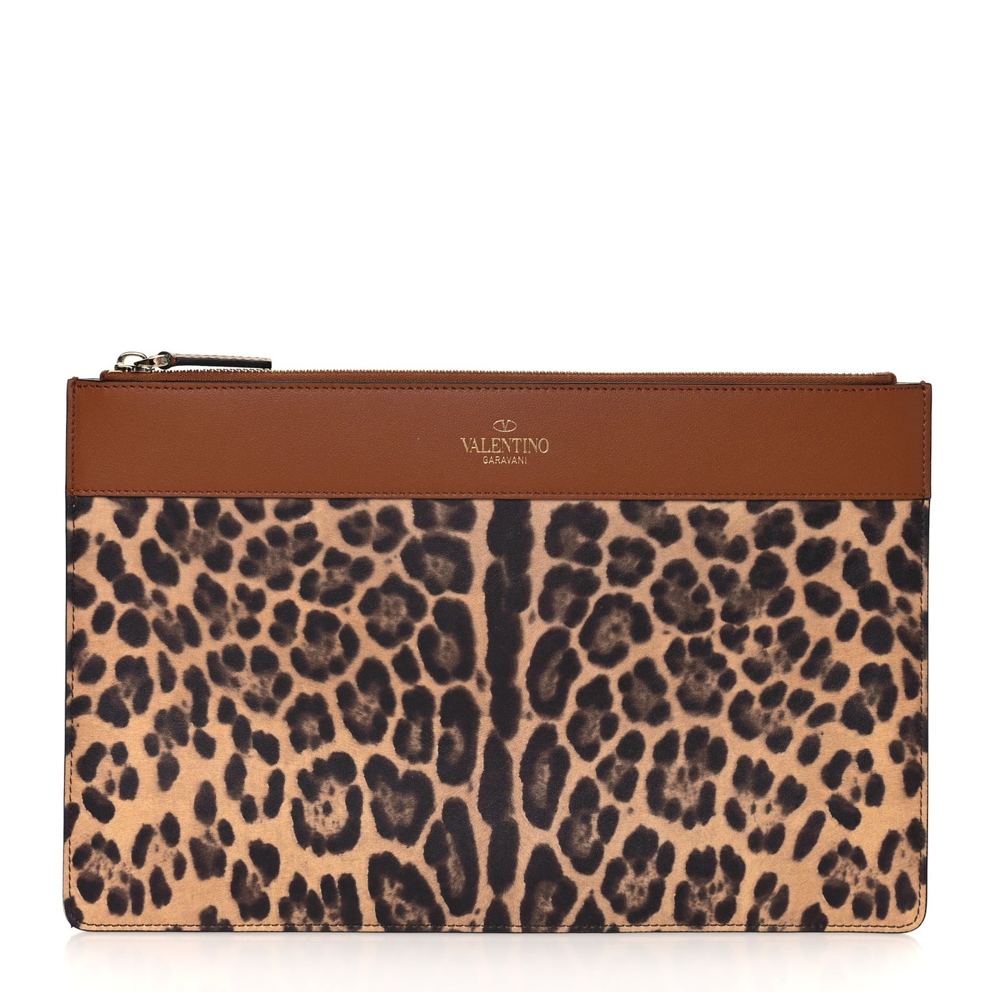 Calfskin Leopard Print City Safari Large Pouch Brown