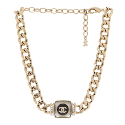Chanel Metal Glass Pearl Strass CC Pendant Necklace Black Gold 3 of 7