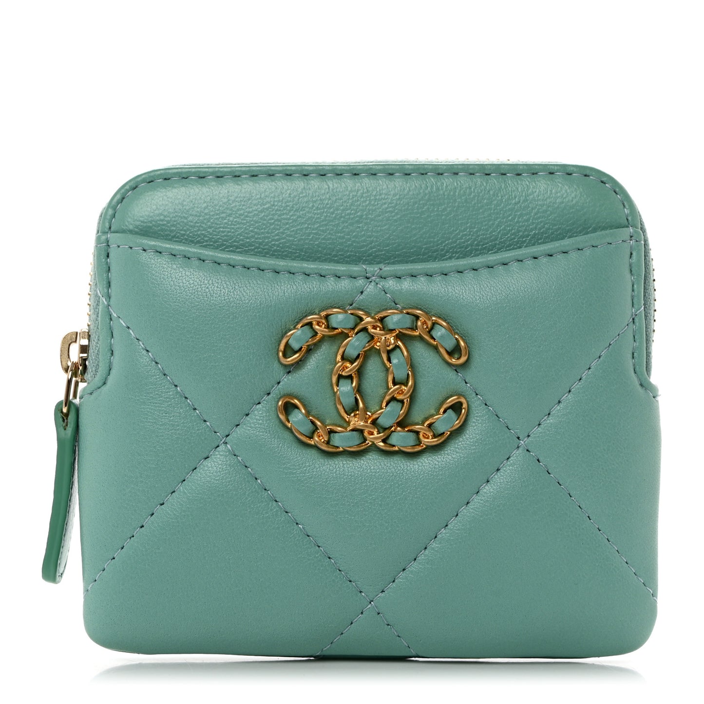 Lambskin Quilted Chanel 19 Zip Card Holder Wallet Light Green