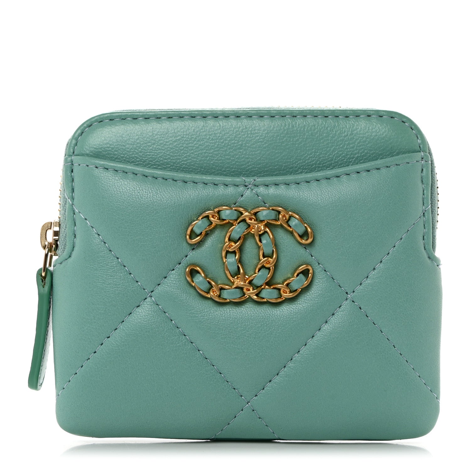 Chanel Lambskin Quilted Chanel 19 Zip Card Holder Wallet Light Green 1 of 8