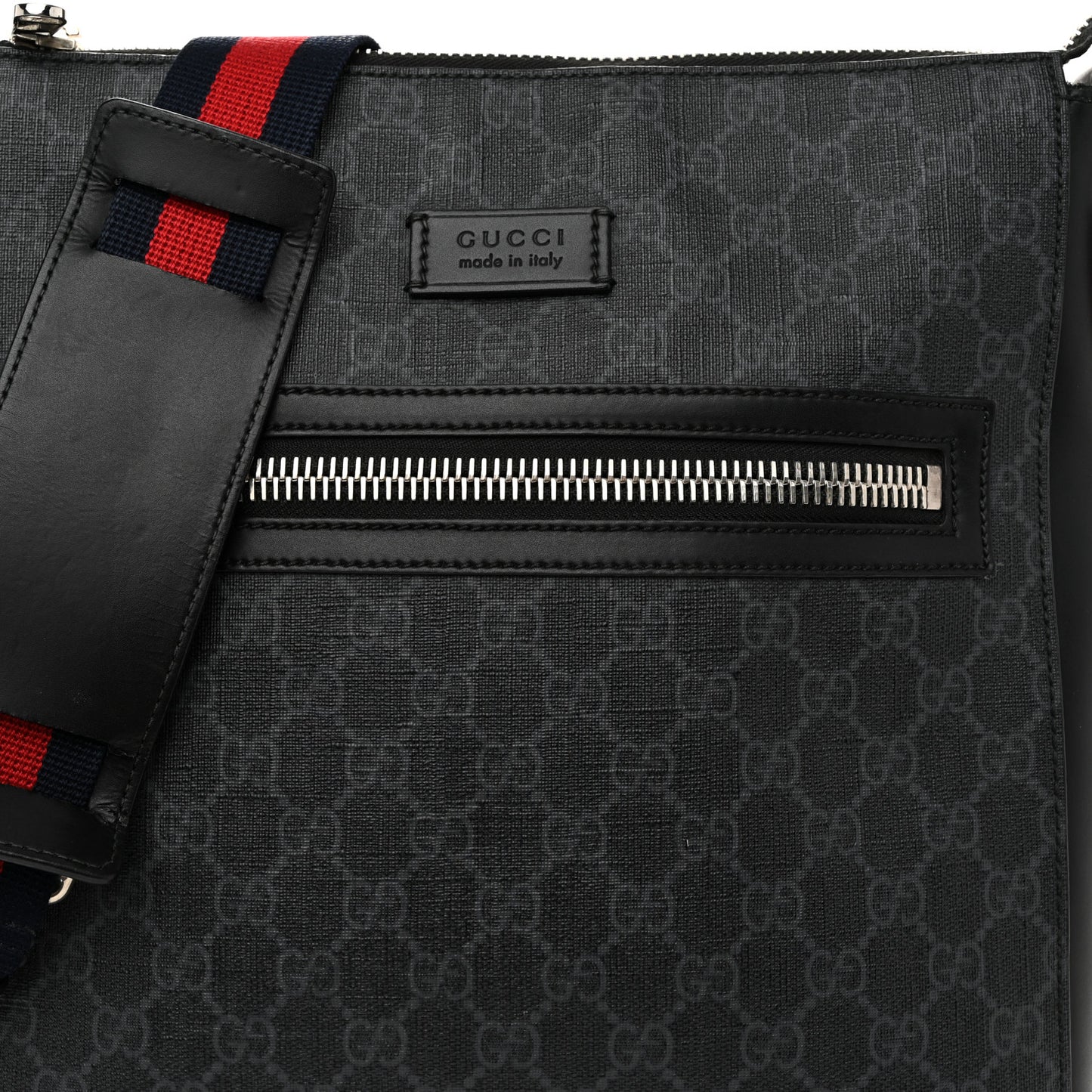 GG Supreme Monogram Appia Calfskin Web Flat Messenger Bag Black Grey