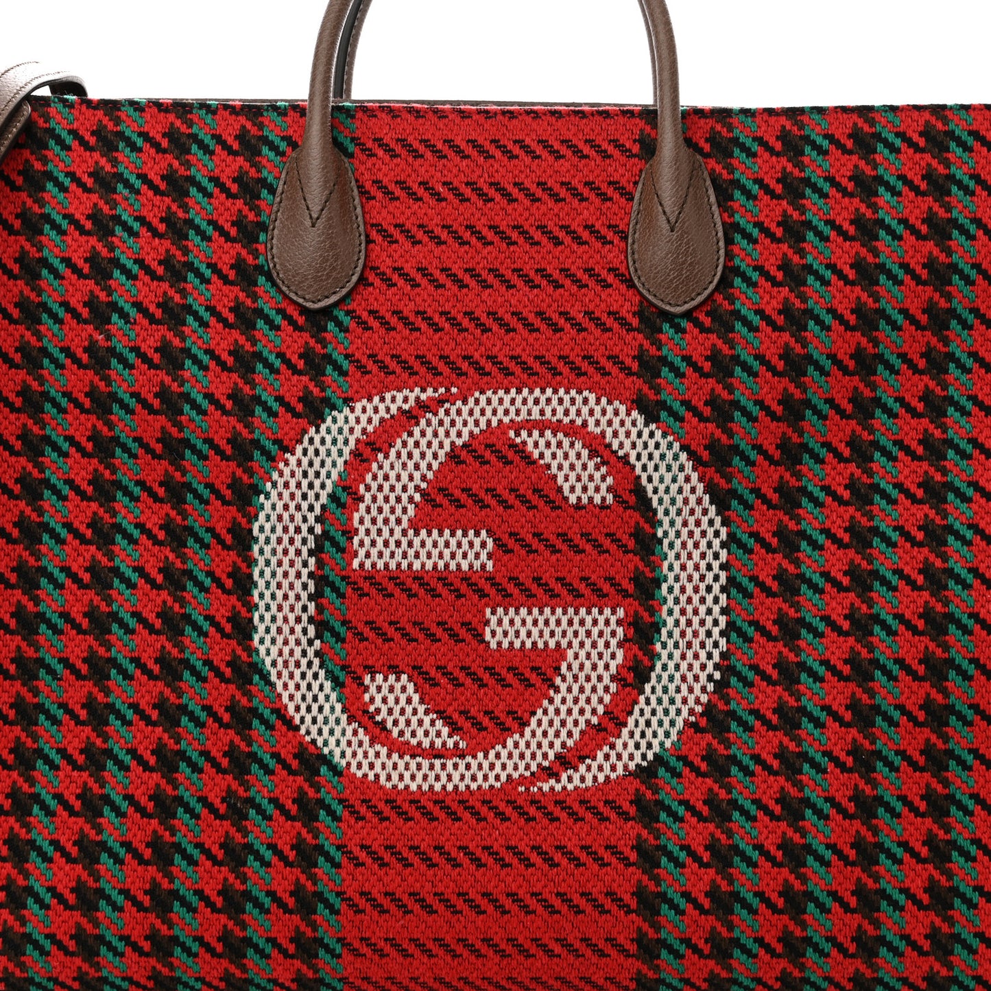 Cotton Wool Textured Calfskin Houndstooth Woven Large Interlocking G Tote Red Green Ivory Multicolor New Acero