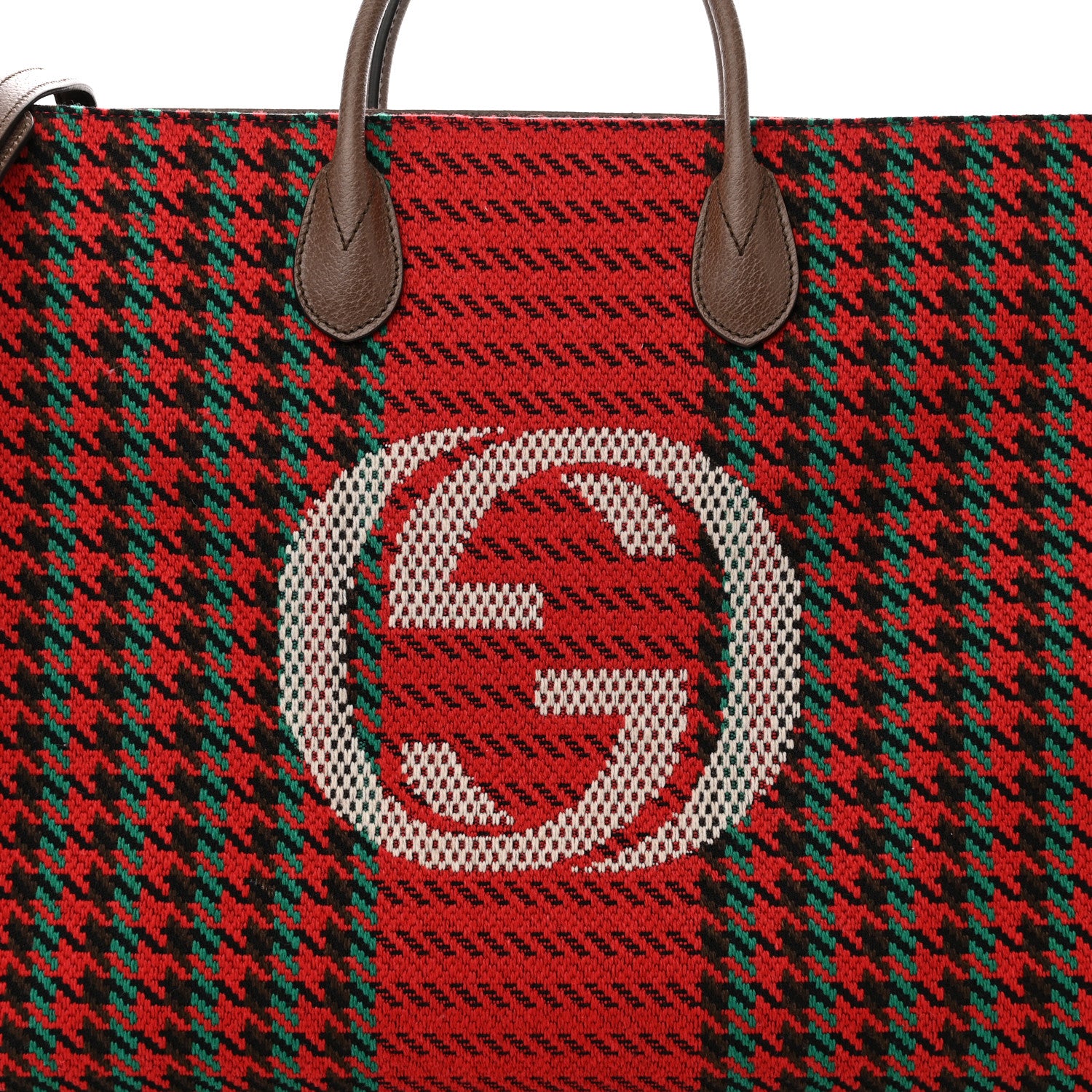 Gucci Cotton Wool Textured Calfskin Houndstooth Woven Large Interlocking G Tote Red Green Ivory Multicolor New Acero 8 of 11