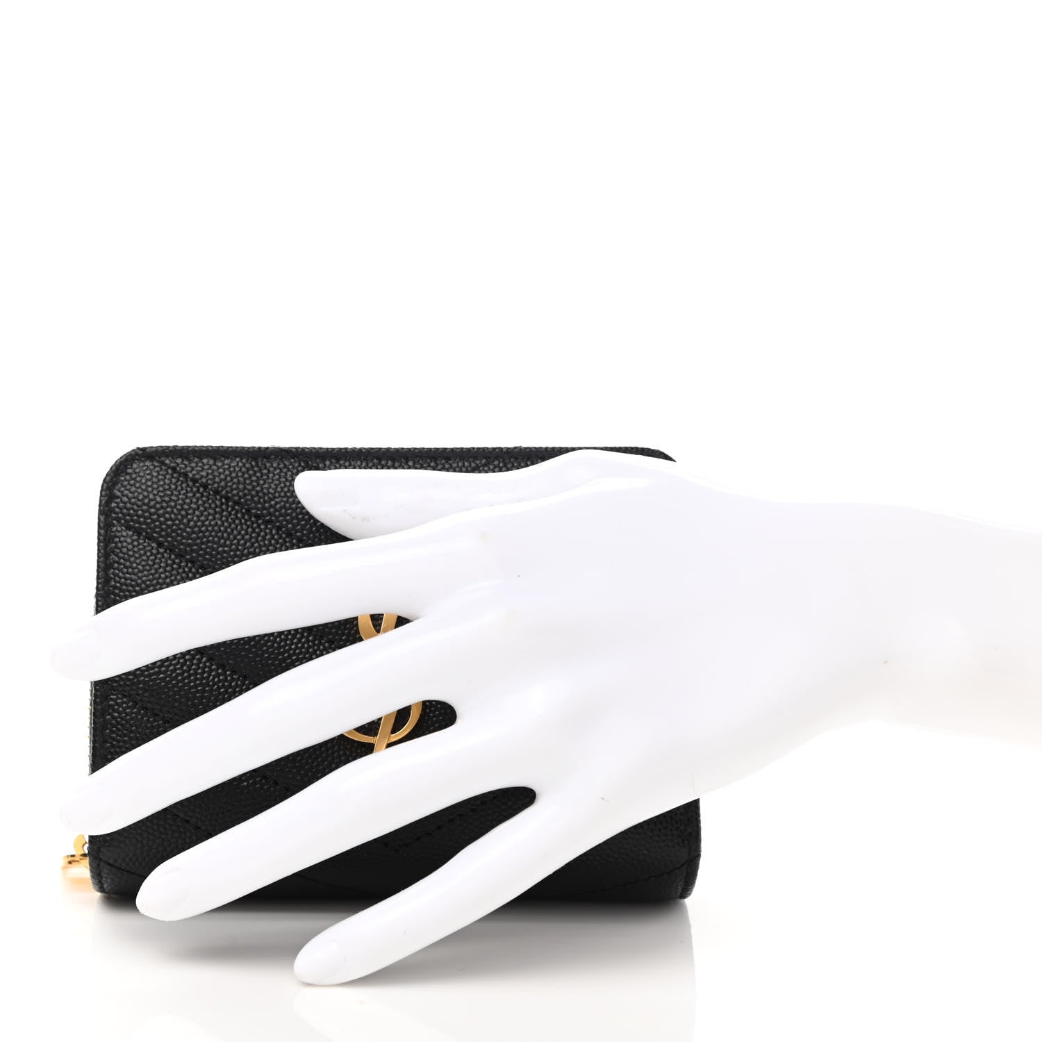 Saint Laurent Grain De Poudre Matelasse Chevron Monogram Compact Zip Around Wallet Black 2 of 8