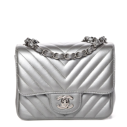 Chanel Metallic Caviar Chevron Quilted Mini Square Flap Silver 1 of 8