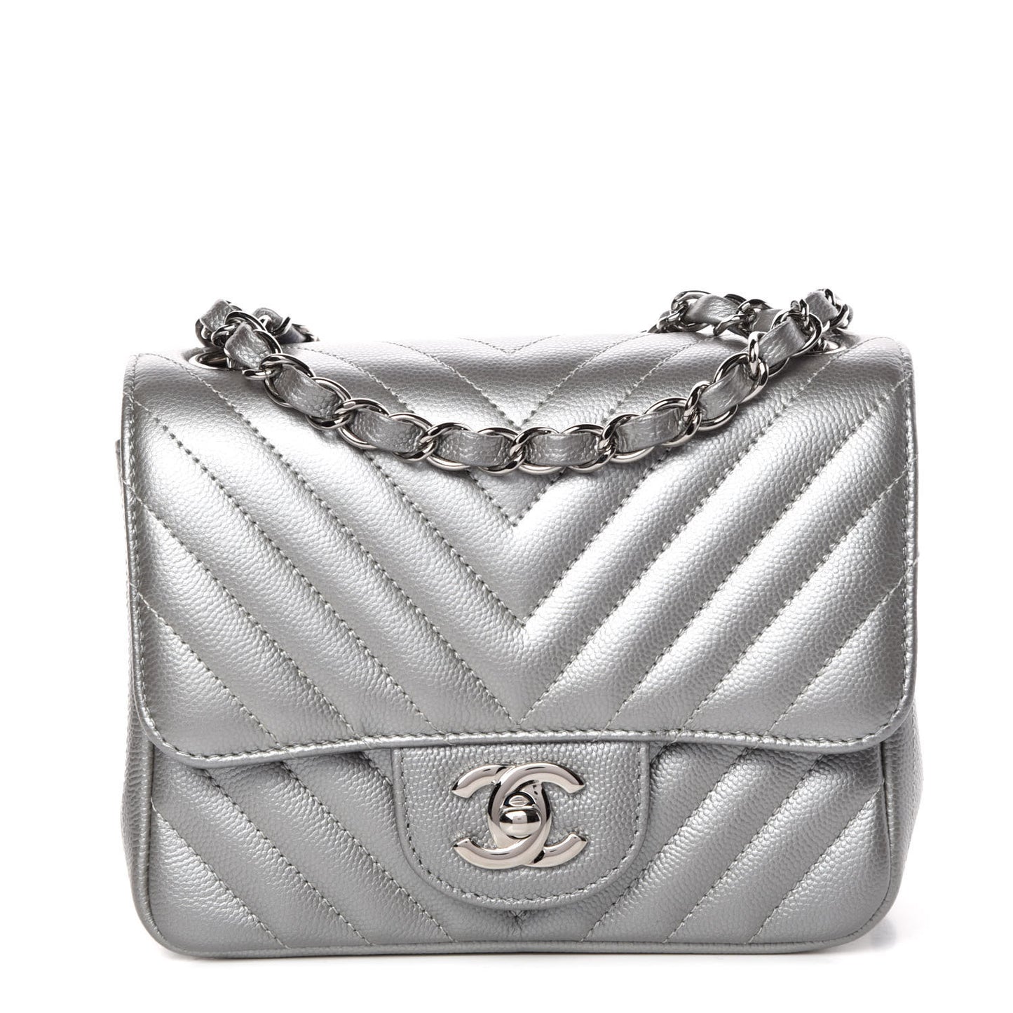 Metallic Caviar Chevron Quilted Mini Square Flap Silver