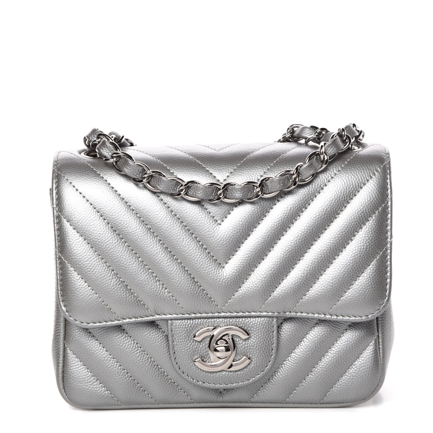 Chanel Metallic Caviar Chevron Quilted Mini Square Flap Silver 1 of 8