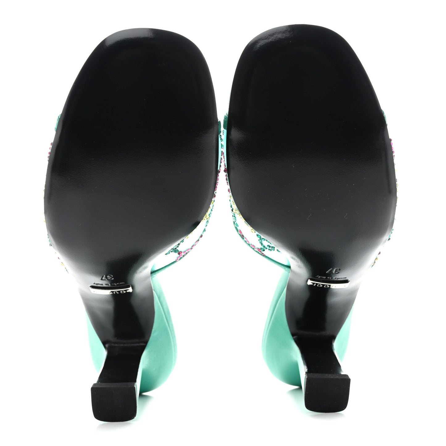 Tela Retino Nappa Crystal GG Monogram Square G 95mm Slide Sandals 37 Turquoise