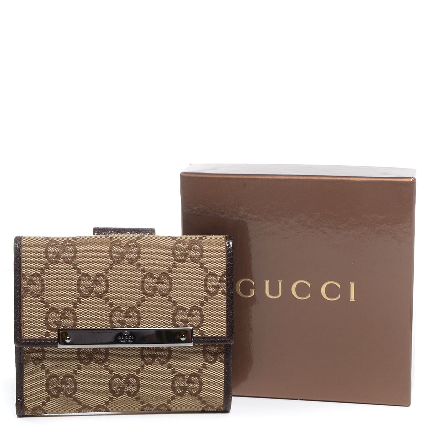Monogram Textured Calfskin Metal Bar French Flap Wallet Beige Ebony Cocoa