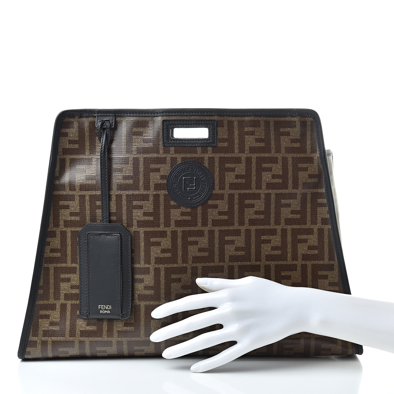 Fendi Glazed Fabric Vitello Century FF 1974 Stamp Patch Medium Peekaboo Defender Cover Mogano Panna Black 2 of 8