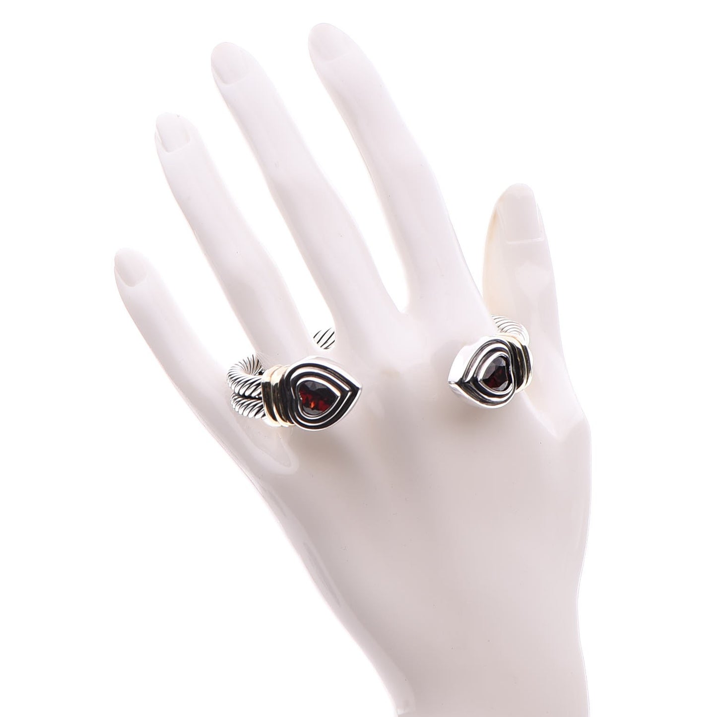 Sterling Silver 14K Yellow Gold Garnet Heart Double Cable Cuff Bracelet