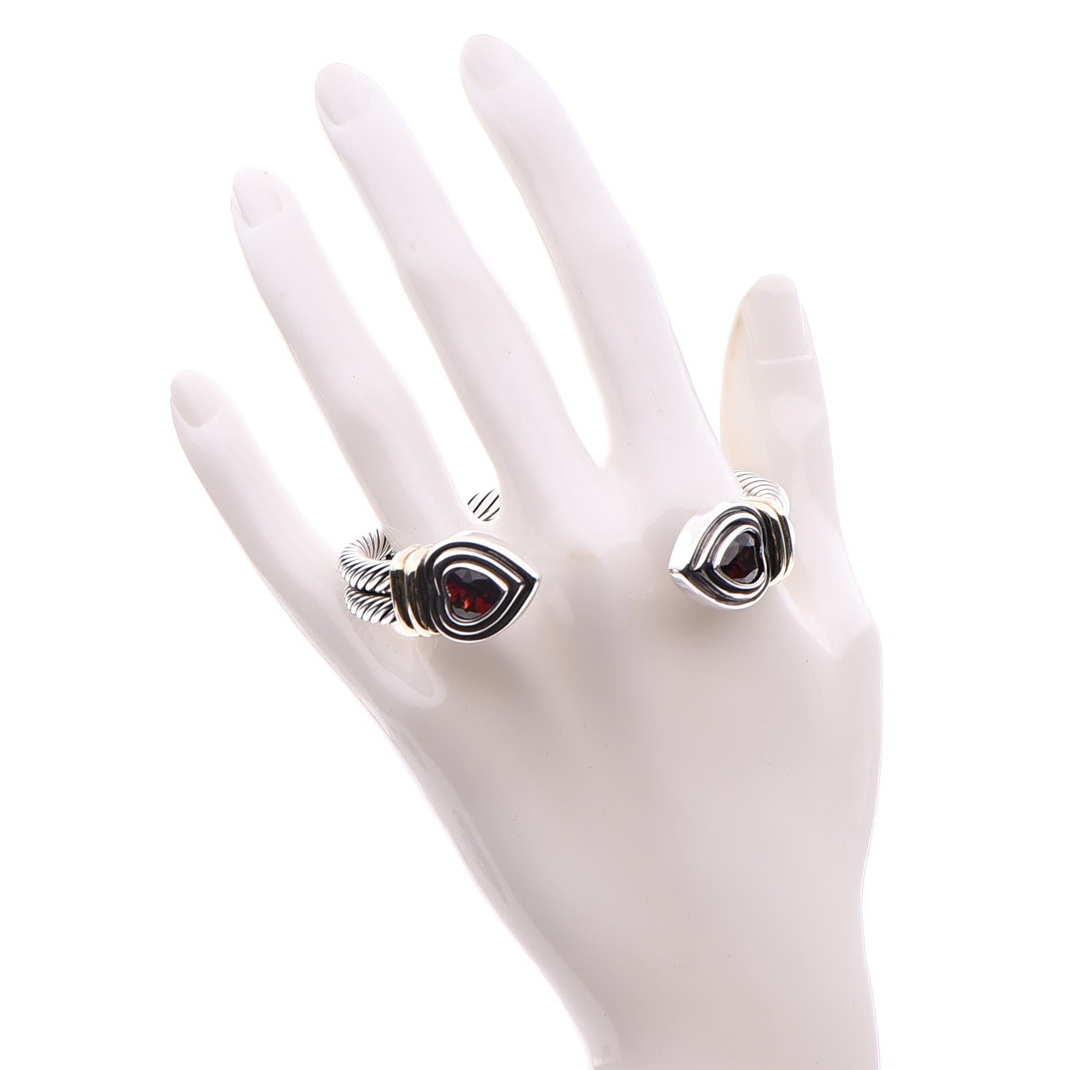 David Yurman Sterling Silver 14K Yellow Gold Garnet Heart Double Cable Cuff Bracelet 2 of 5