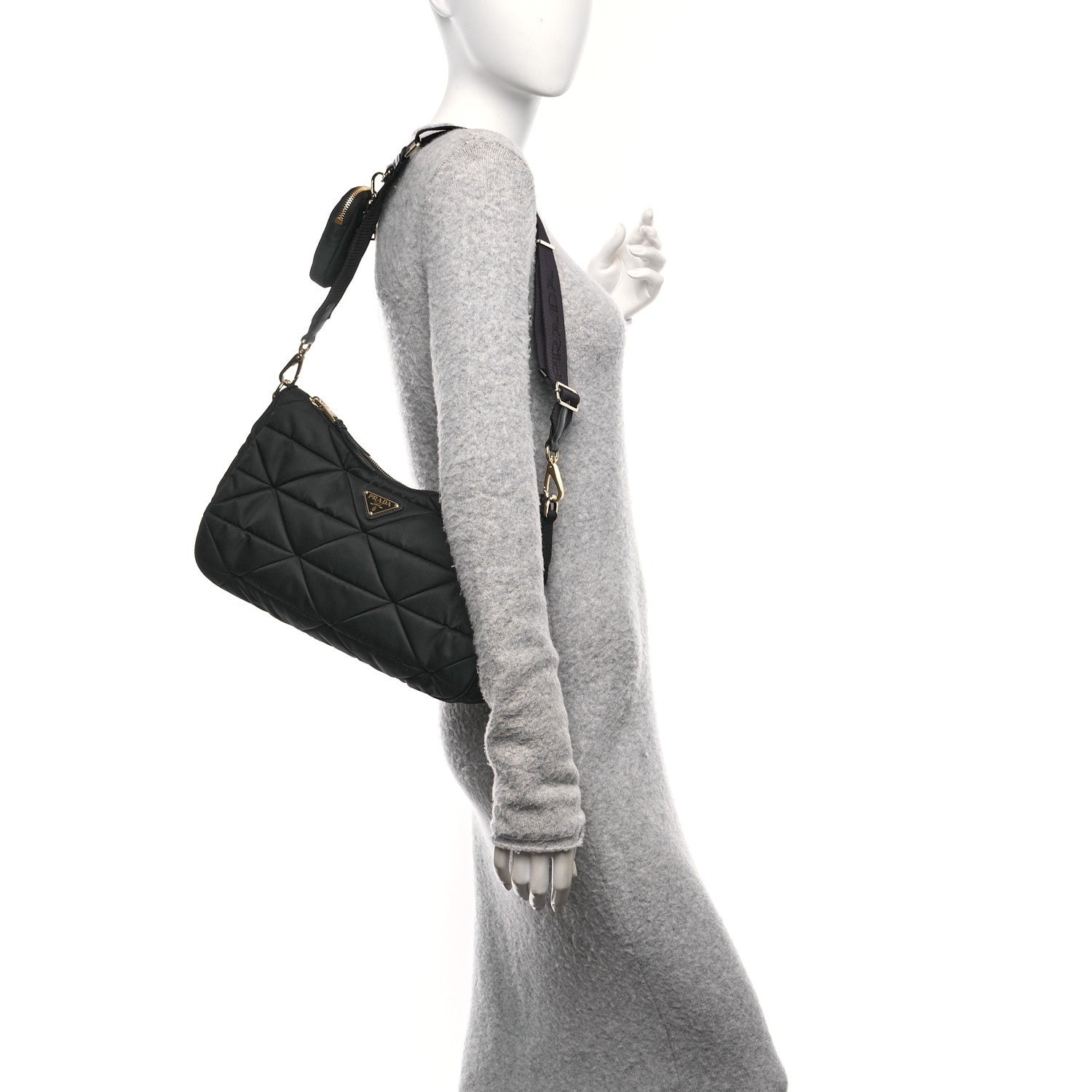 Prada Re-Nylon Triangle Quilted Padded Patchwork System Large Shoulder Bag Black 2 of 9