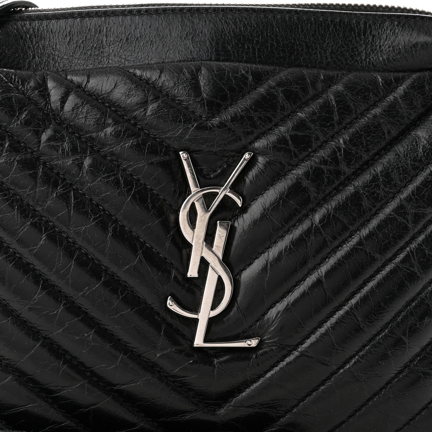 Saint Laurent Cracked Shiny Calfskin Matelasse Monogram Lou Camera Bag Black 8 of 12