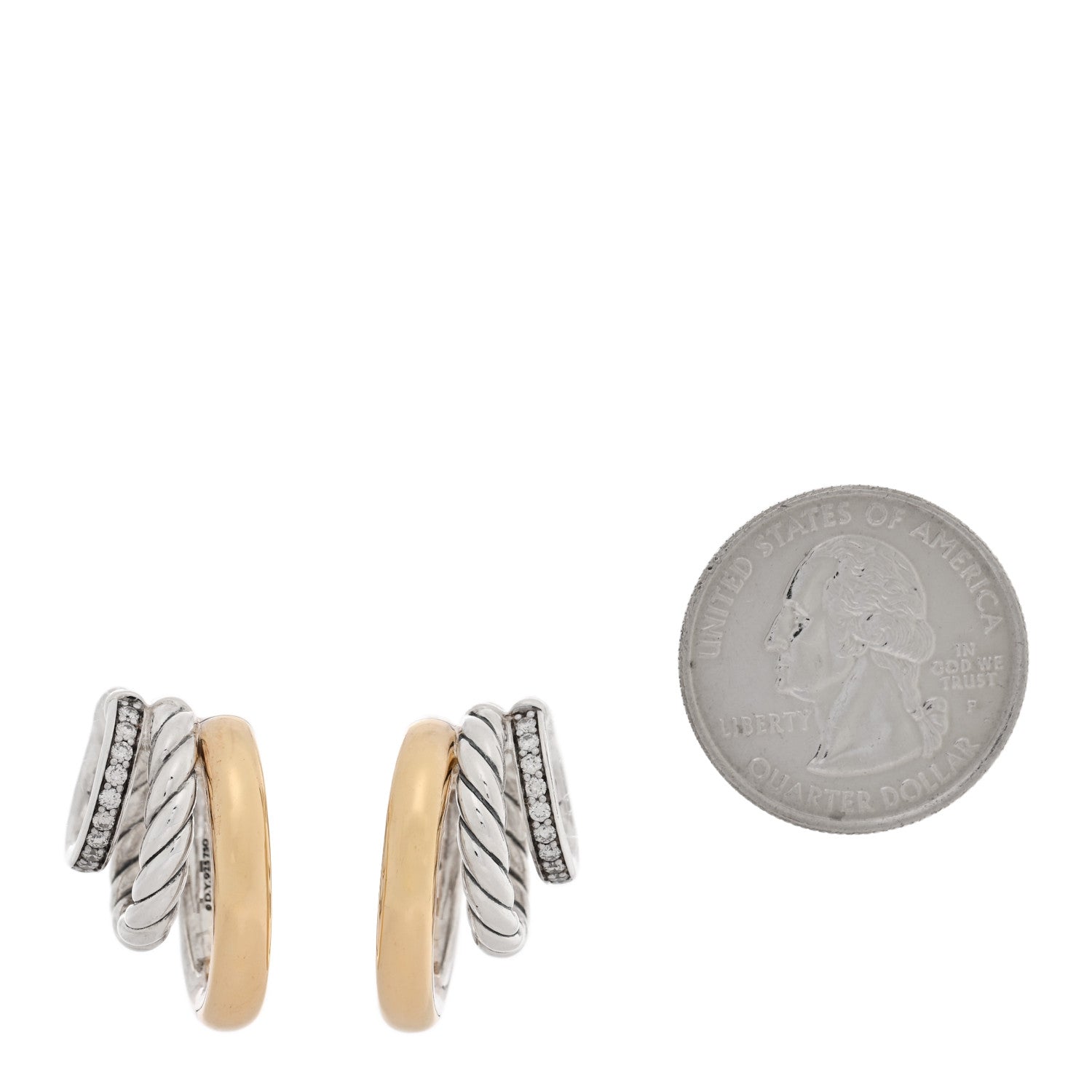 David Yurman 18K Yellow Gold Sterling Silver Mercer Three Row Hoop Earrings 2 of 4
