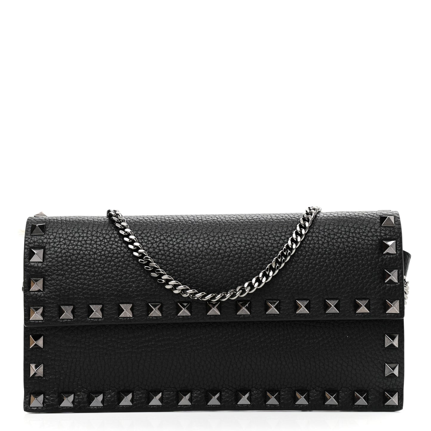 Grained Calfskin Rockstud Flap Wallet On Chain Black