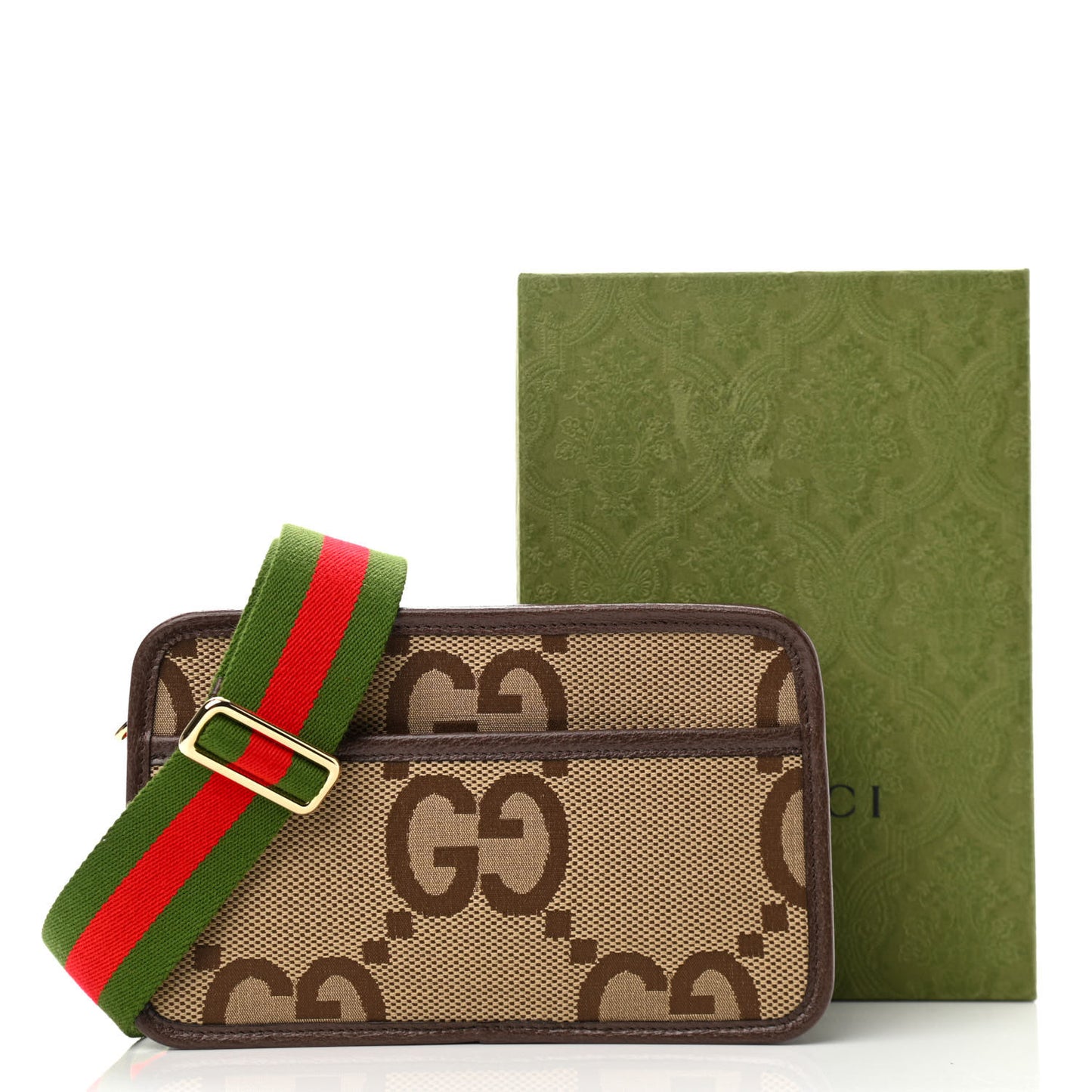 Monogram Jumbo GG Textured Dollar Calfskin Web Mini Crossbody Bag Camel Ebony New Acero