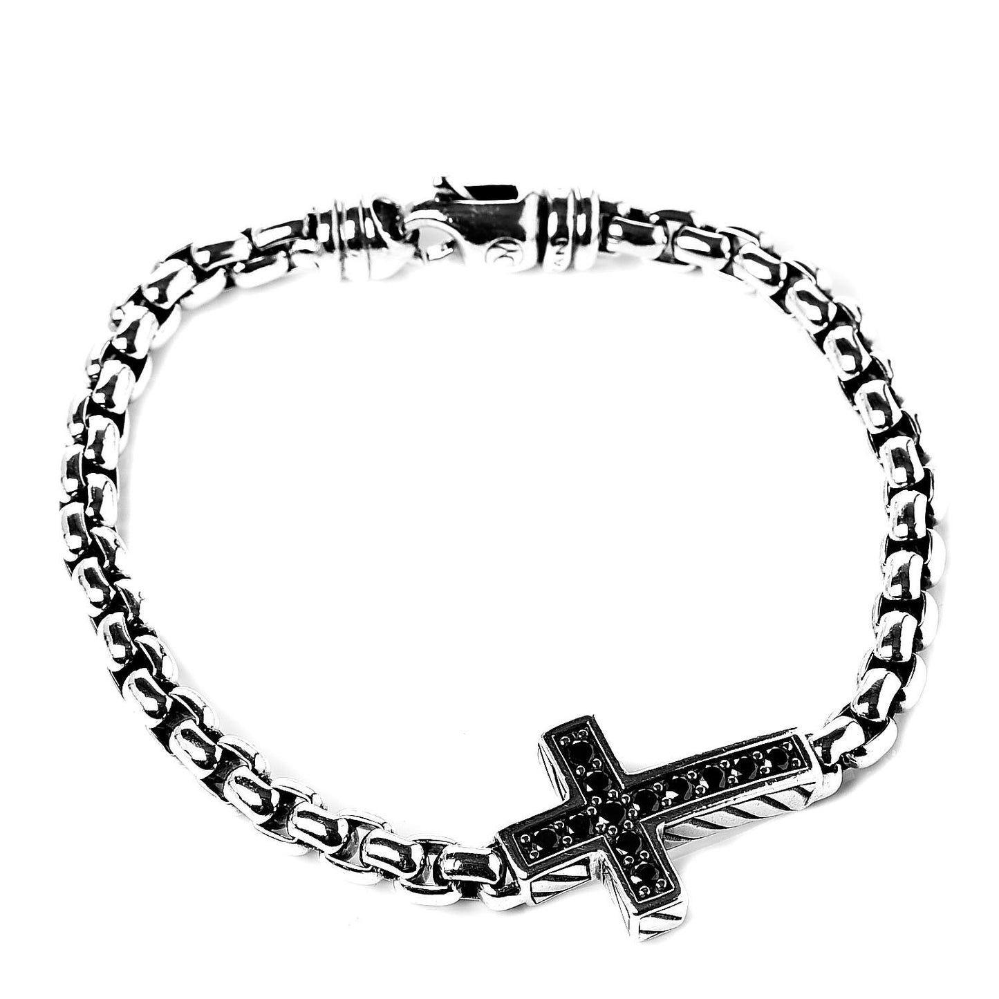 Sterling Silver Black Diamond Cross Bracelet