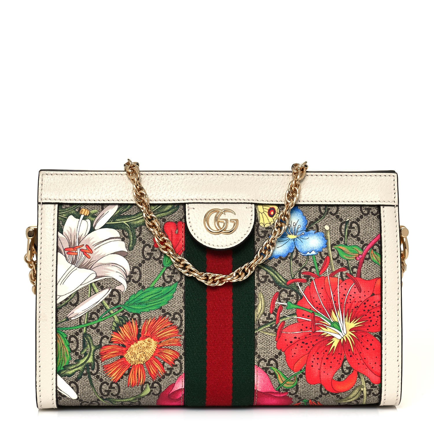 Gucci GG Supreme Monogram Flora Web Small Ophidia Chain Shoulder Bag White 1 of 14