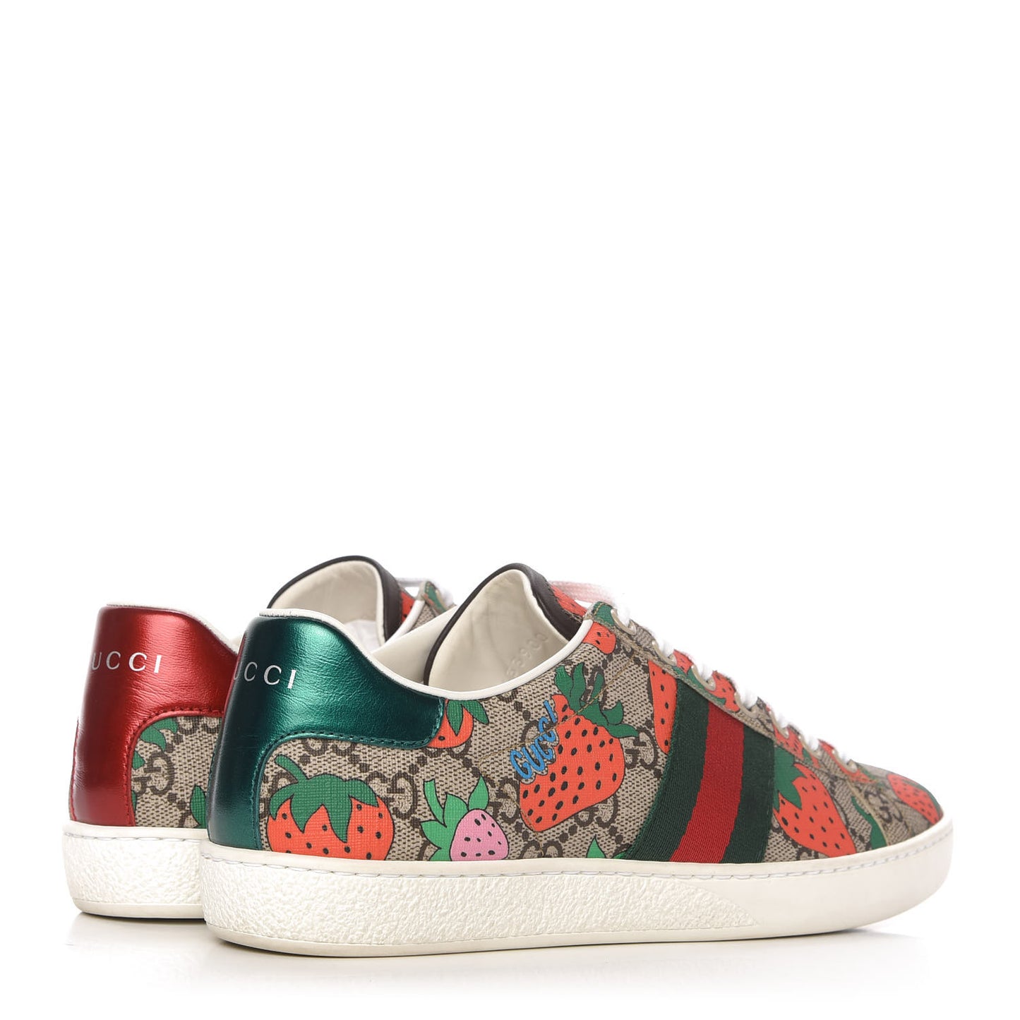 GG Supreme Monogram Strawberry Web Womens Ace Sneakers 37 Beige Multicolor Red Green