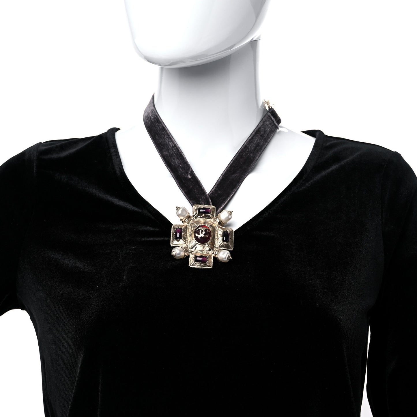 Velvet Gripoix Crystal CC Choker Necklace Black Gold
