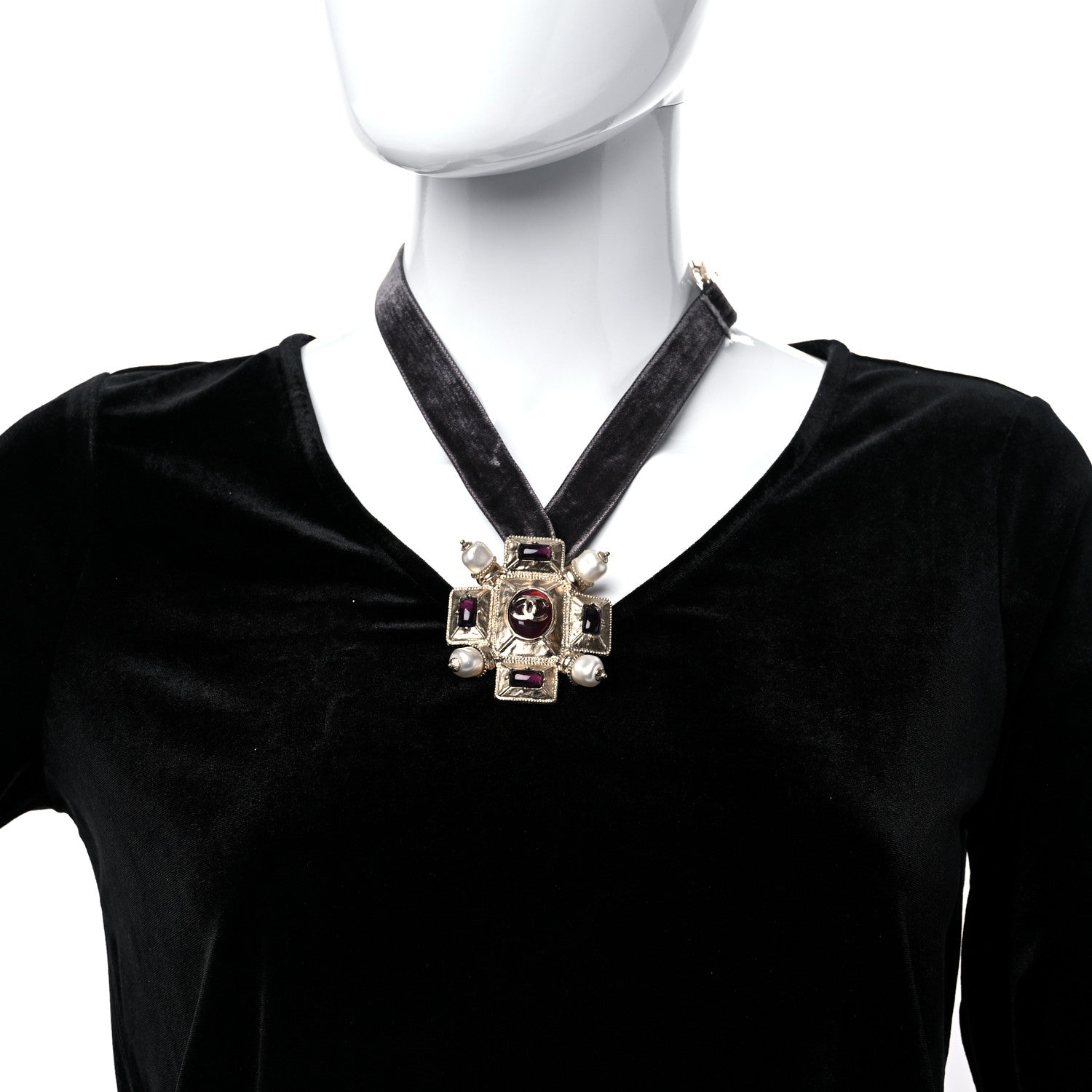 Chanel Velvet Gripoix Crystal CC Choker Necklace Black Gold 2 of 9