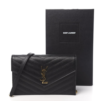 Saint Laurent Grain De Poudre Matelasse Chevron Monogram Envelope Chain Wallet Black 11 of 11