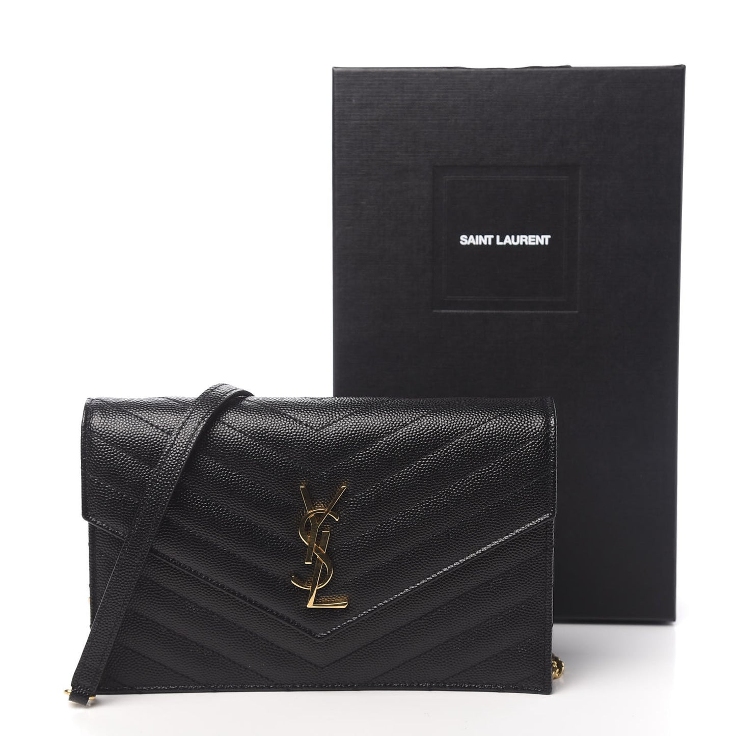 Grain De Poudre Matelasse Chevron Monogram Envelope Chain Wallet Black