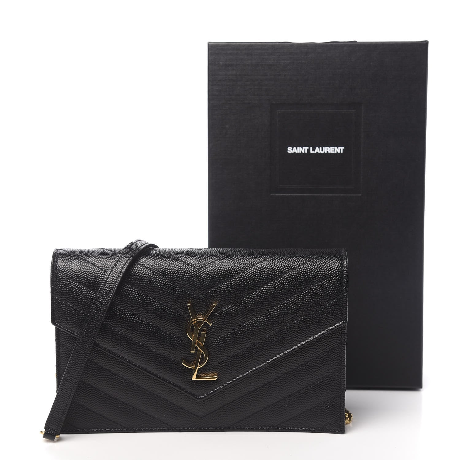Saint Laurent Grain De Poudre Matelasse Chevron Monogram Envelope Chain Wallet Black 18 of 18