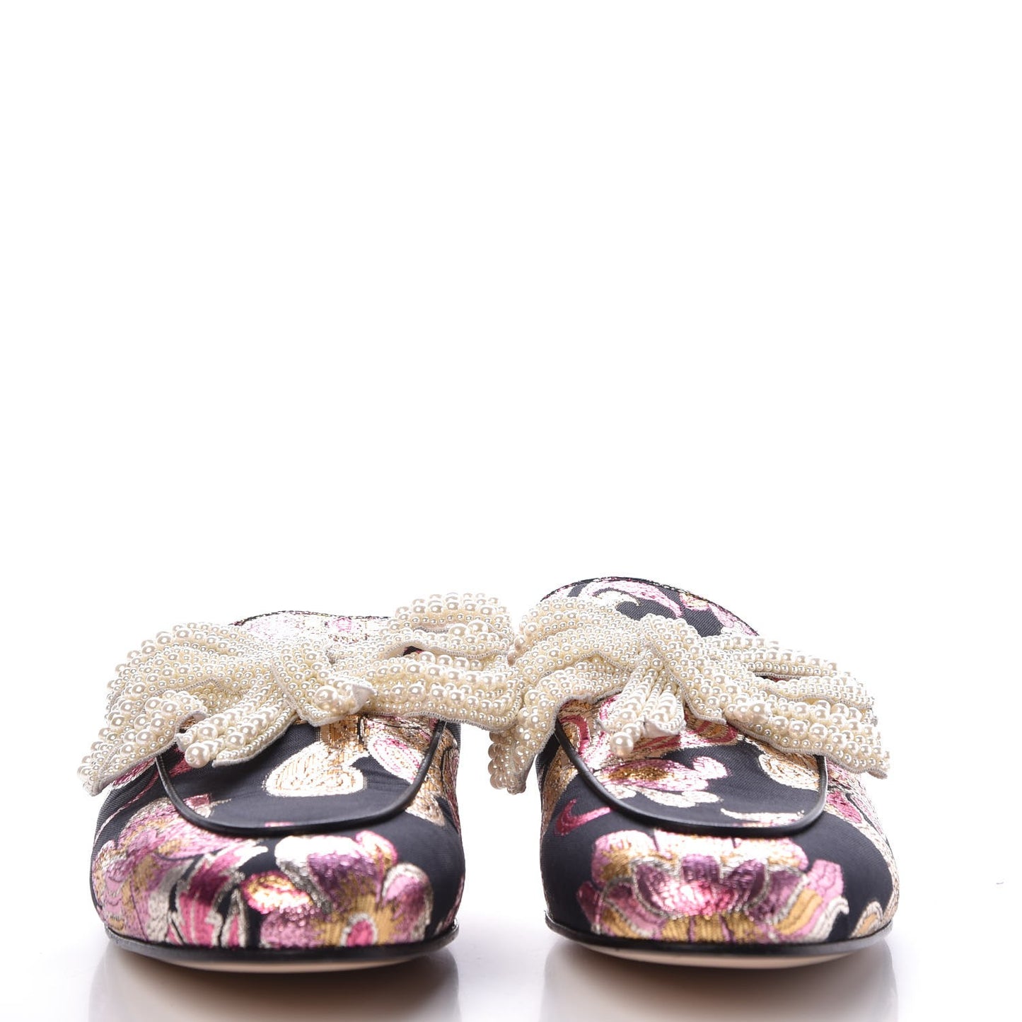 Iridescent Brocade Pearl Bow Womens Princetown Slippers 40.5 Black Pink