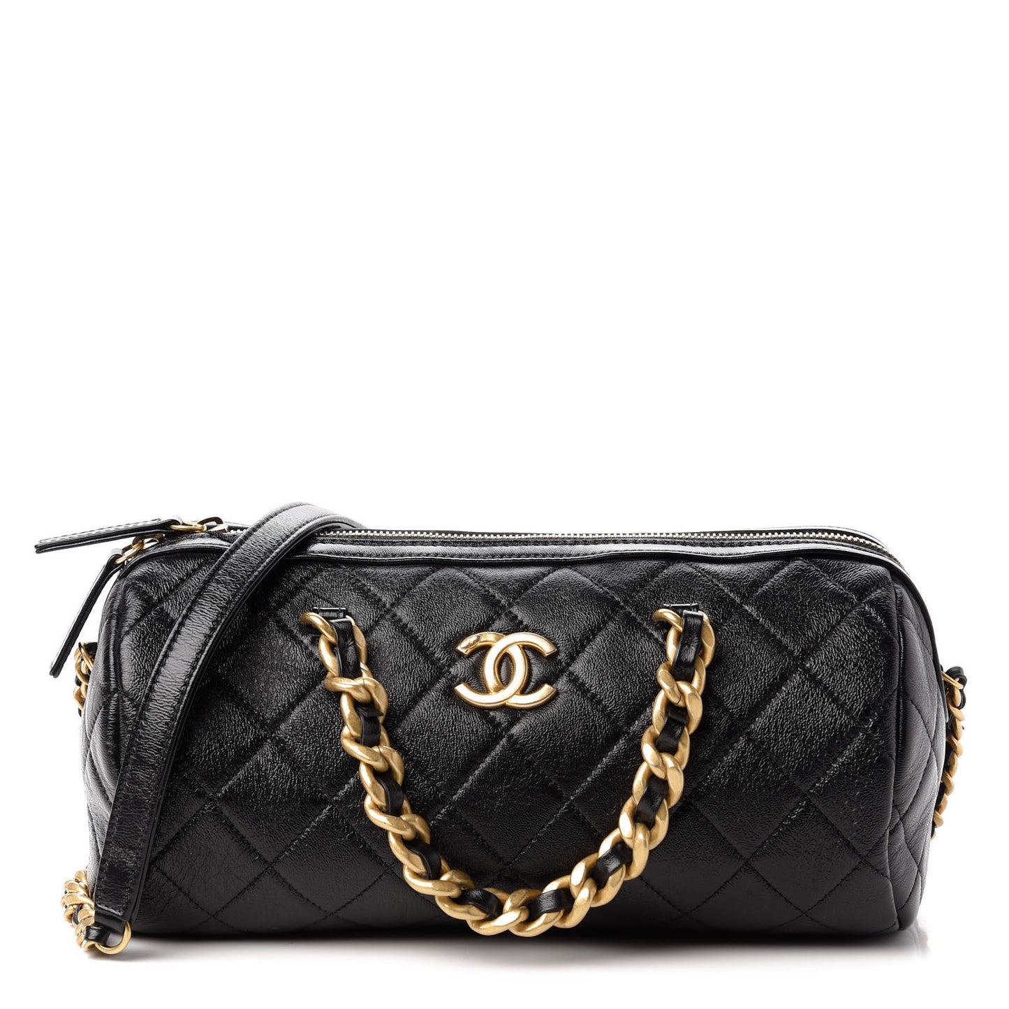 Shiny Lambskin Quilted Fashion Therapy Bowling Bag Black