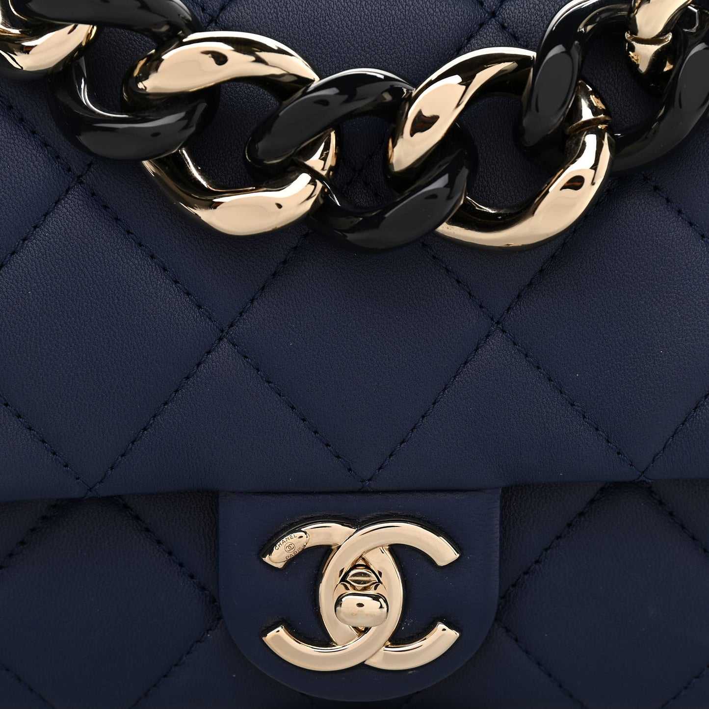 Lambskin Quilted Resin Bi-Color Chain Flap Bag Navy