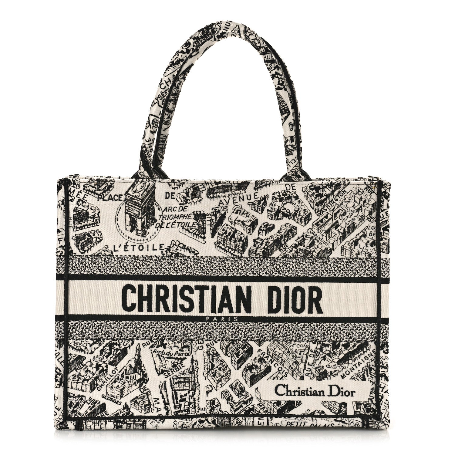 Christian Dior Canvas Embroidered Medium Plan De Paris Book Tote White Black 1 of 8