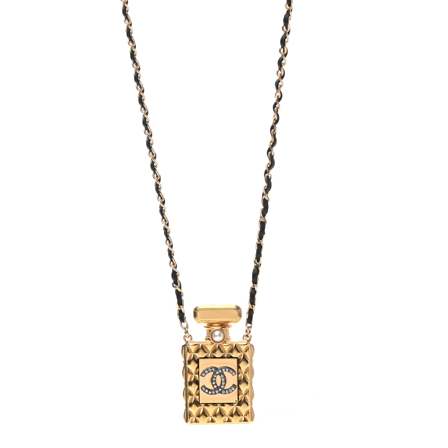 Crystal Pearl Perfume Bottle CC Necklace Black Gold