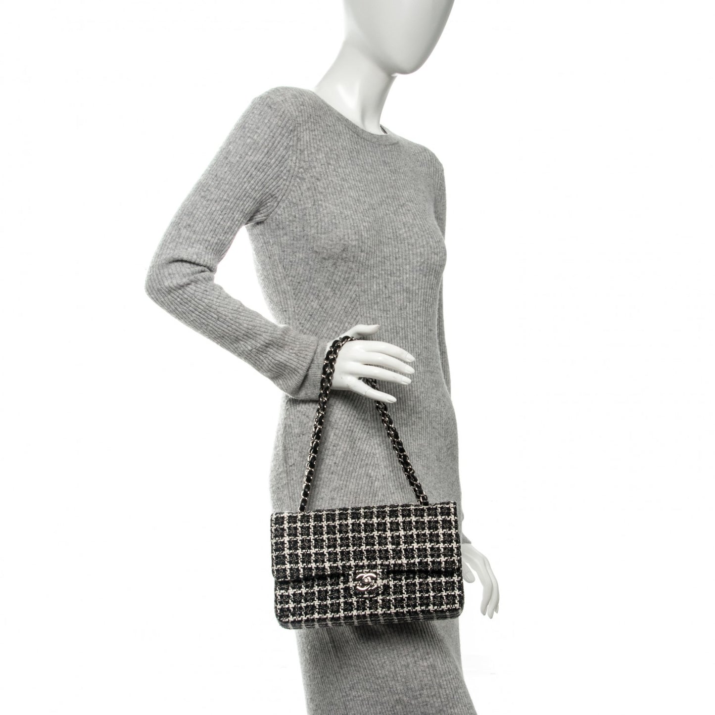 Tweed Quilted Medium Double Flap Black White