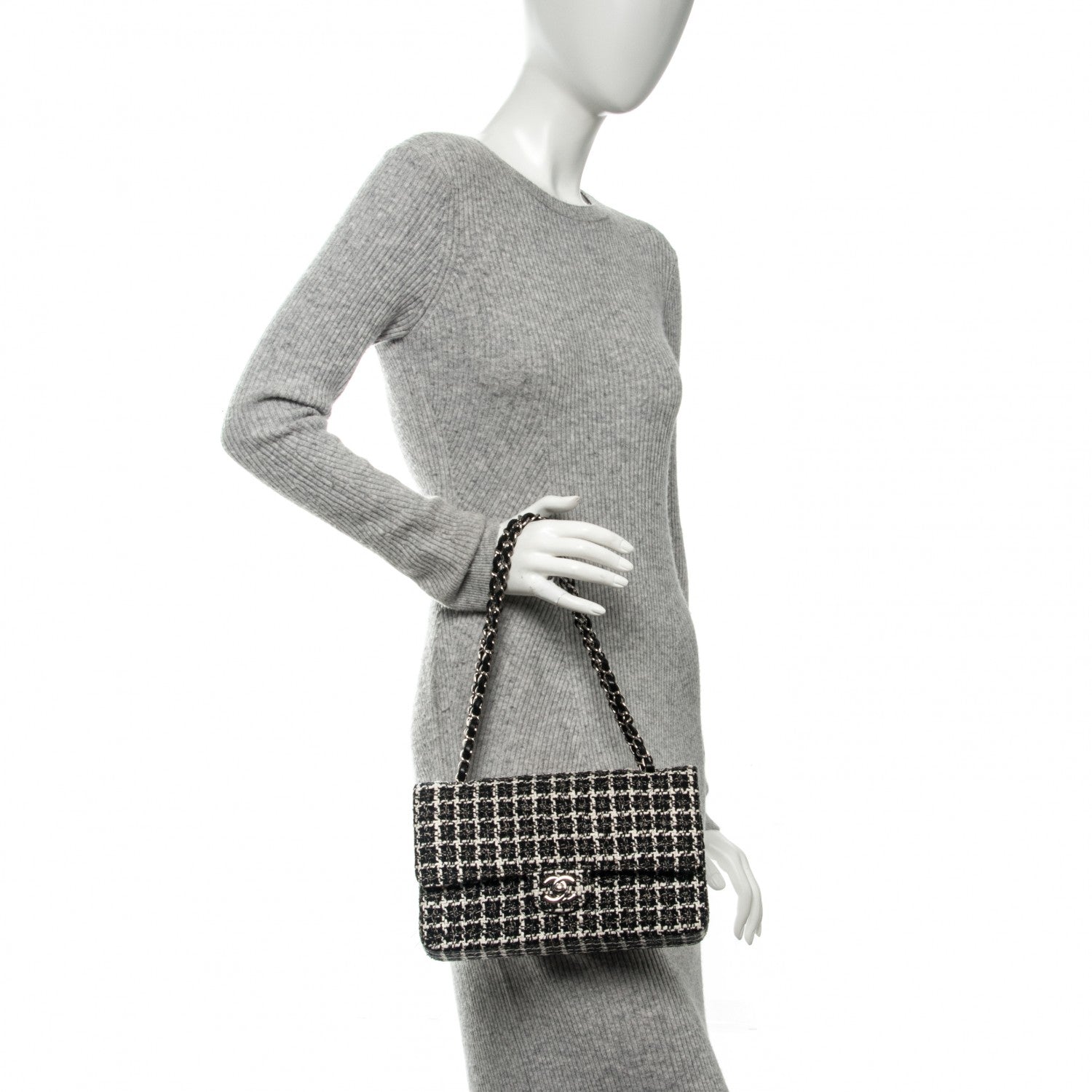 Chanel Tweed Quilted Medium Double Flap Black White 2 of 6