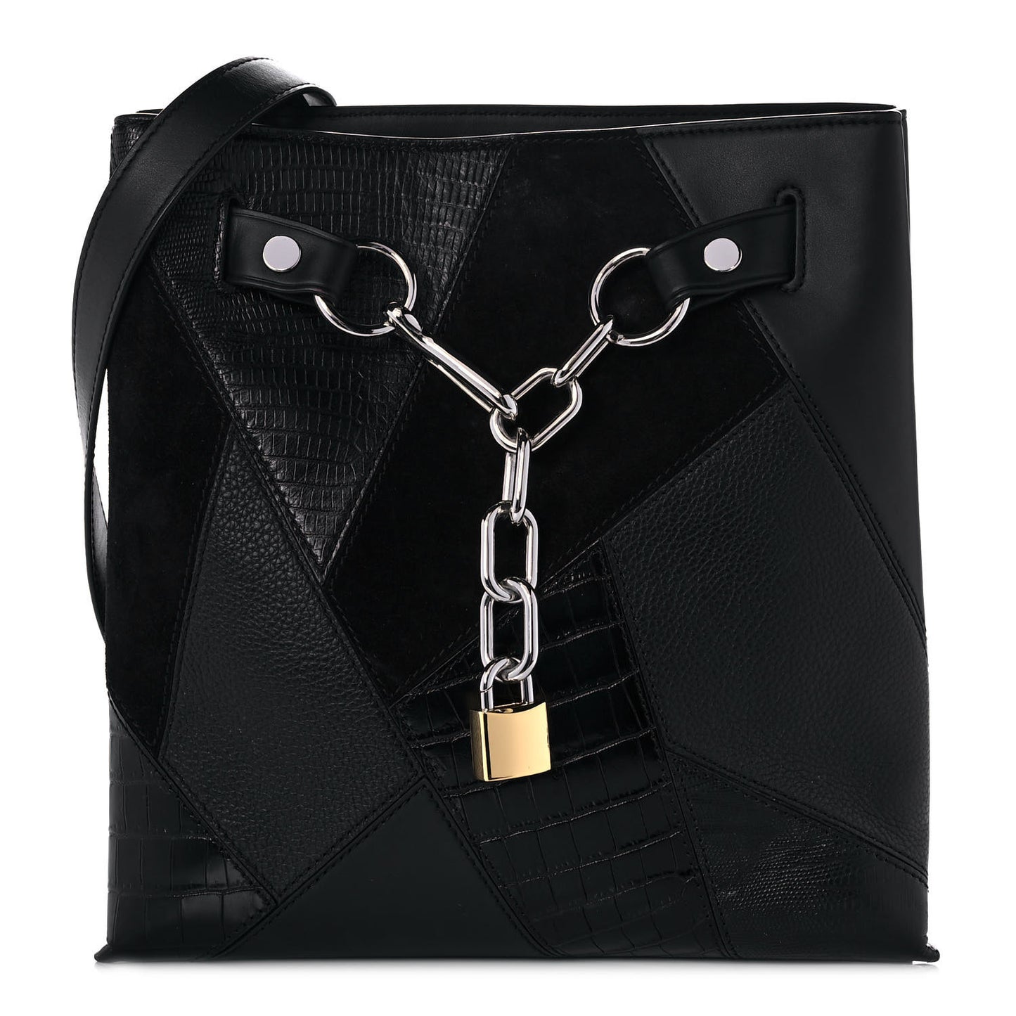 Suede Calfskin Crocodile Lizard Embossed Attica Chain Satchel Black