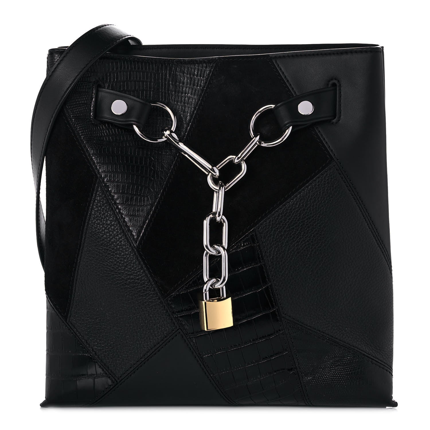 Alexander Wang Suede Calfskin Crocodile Lizard Embossed Attica Chain Satchel Black 1 of 9