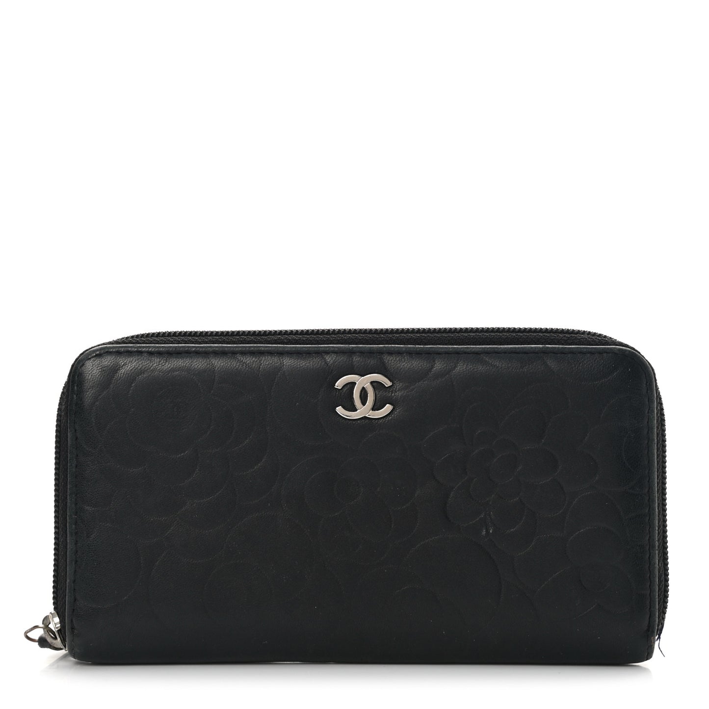 Lambskin Camellia Embossed Large Zip Around Gusset Wallet Black