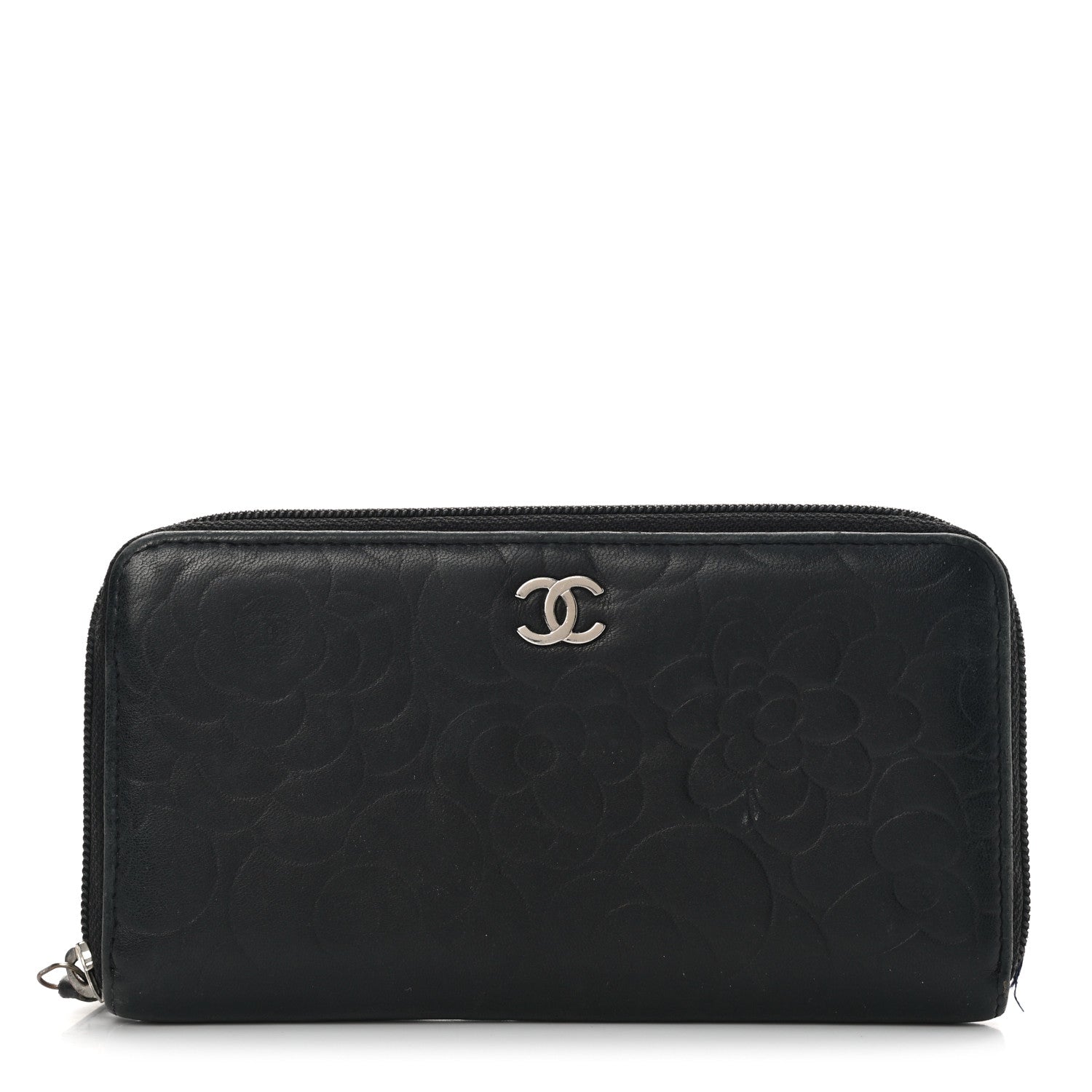 Chanel Lambskin Camellia Embossed Large Zip Around Gusset Wallet Black 1 of 18