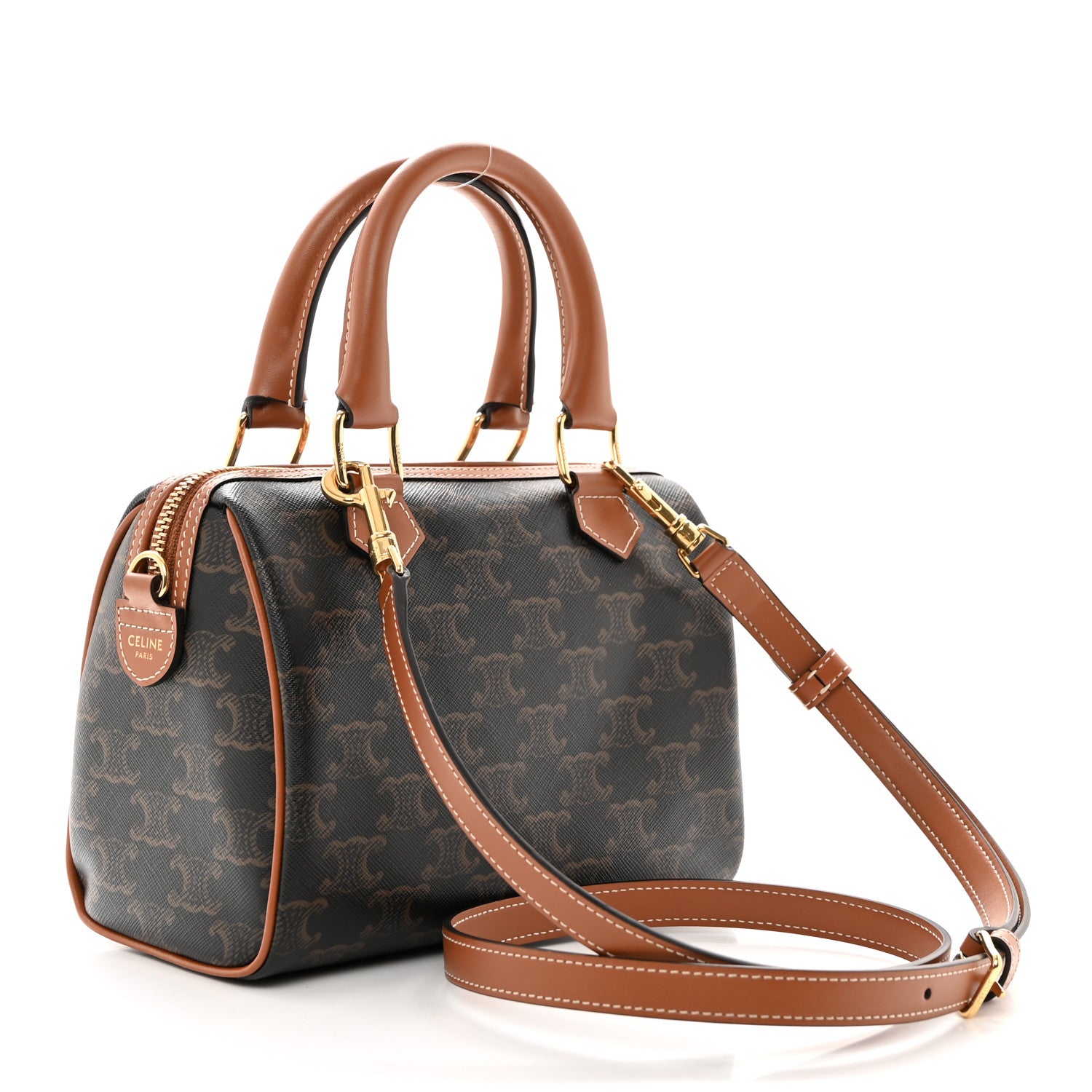 Celine Triomphe Canvas Calfskin Small Boston Bag Tan 3 of 10