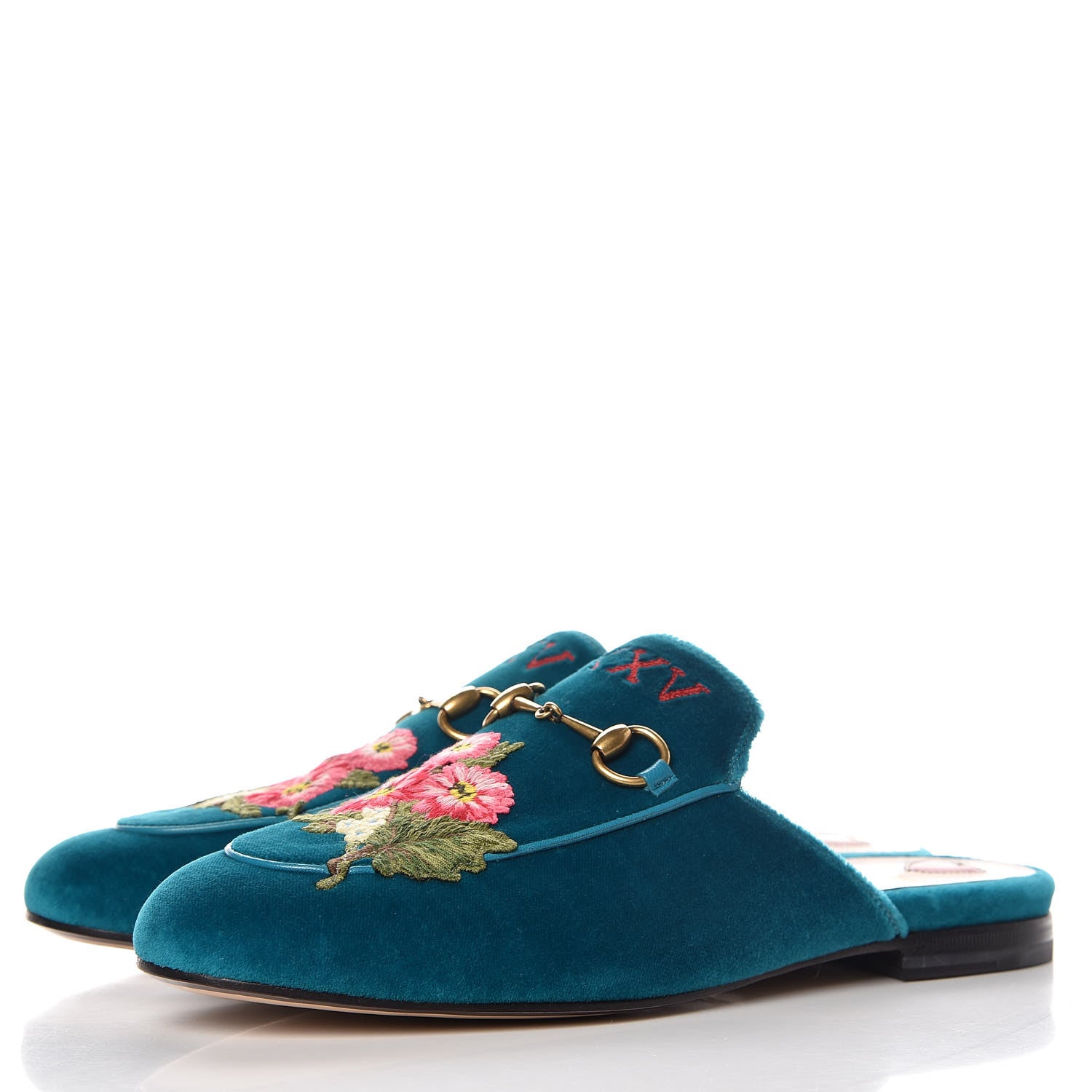 Gucci Velvet Floral Embroidered Womens Princetown Slippers 38 Pavone 3 of 12
