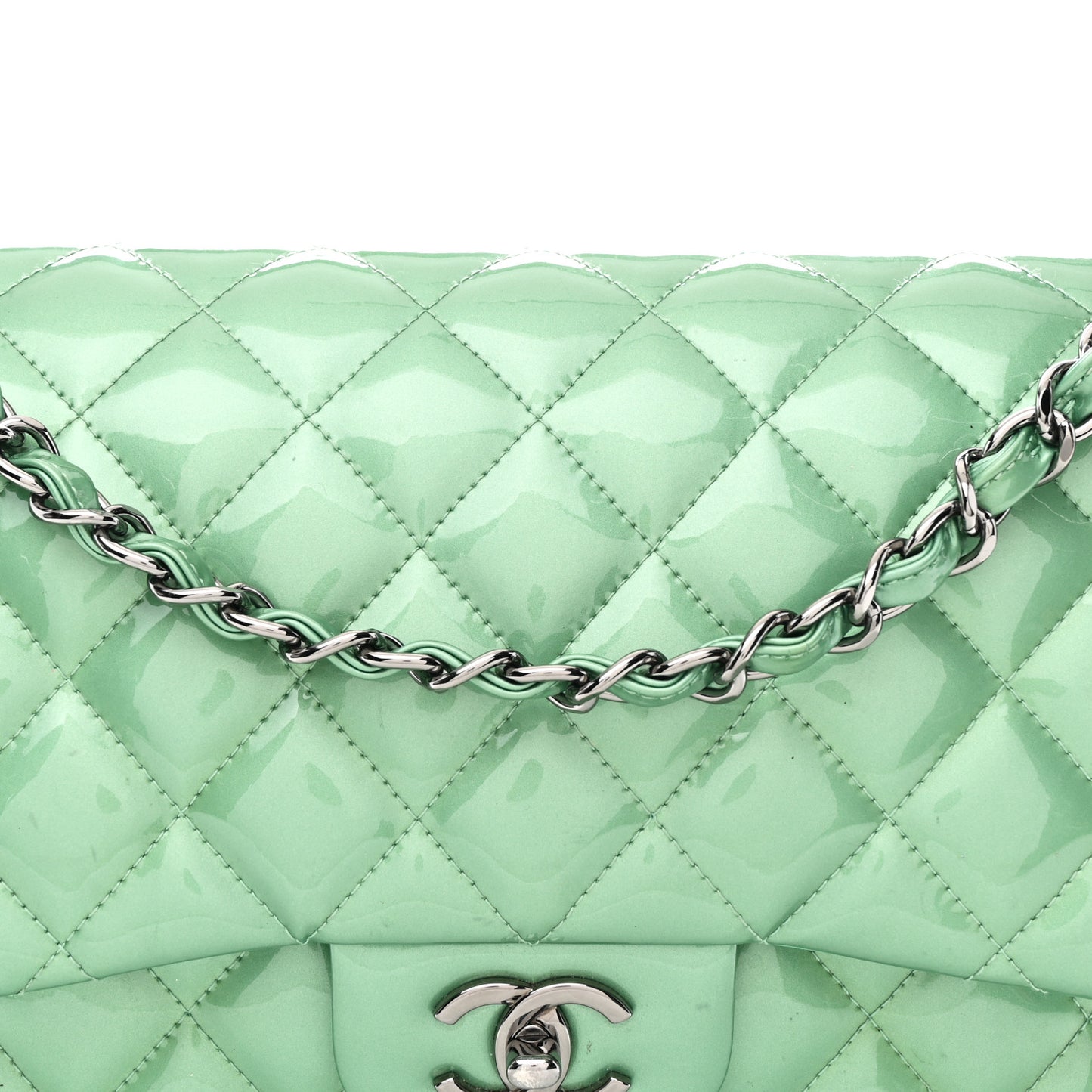 Patent Calfskin Quilted Jumbo Double Flap Green