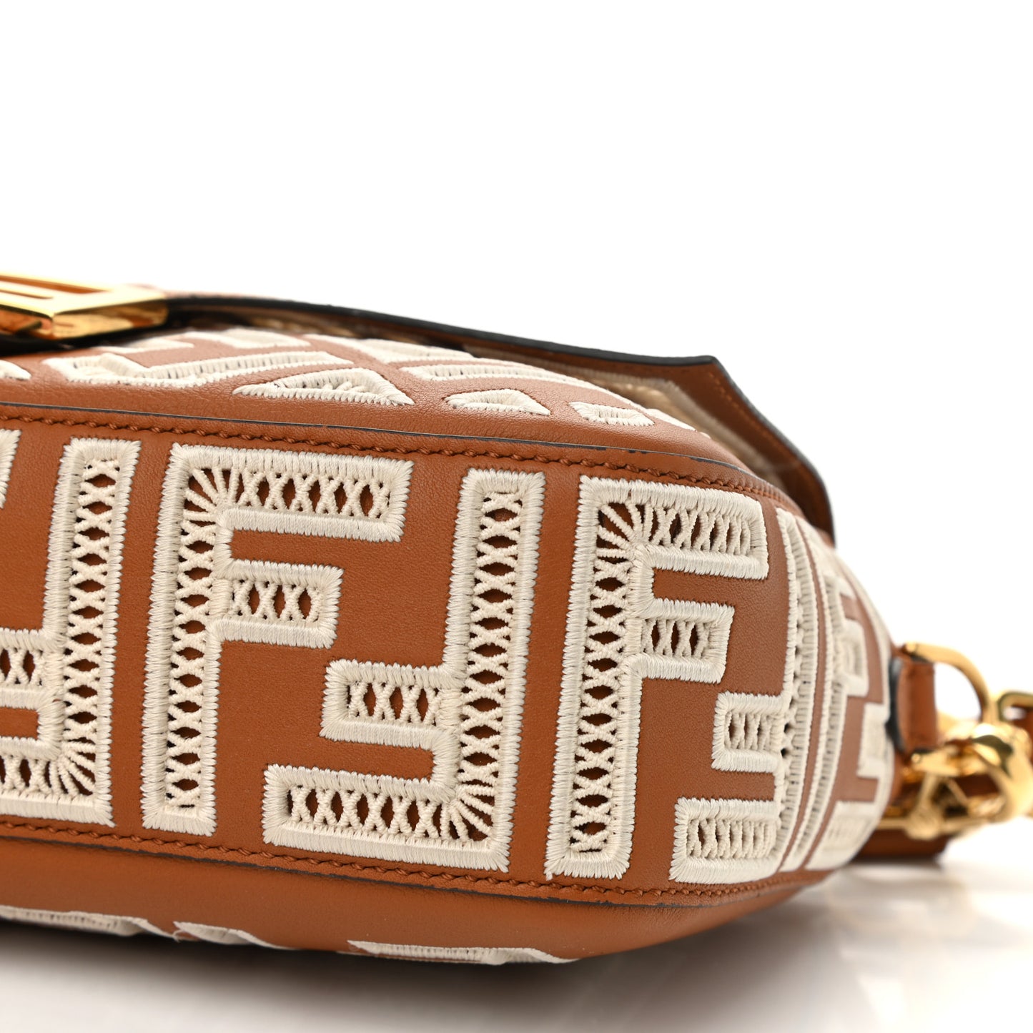 Vitello Seta FF Ajour Embroidered Baguette Brandy