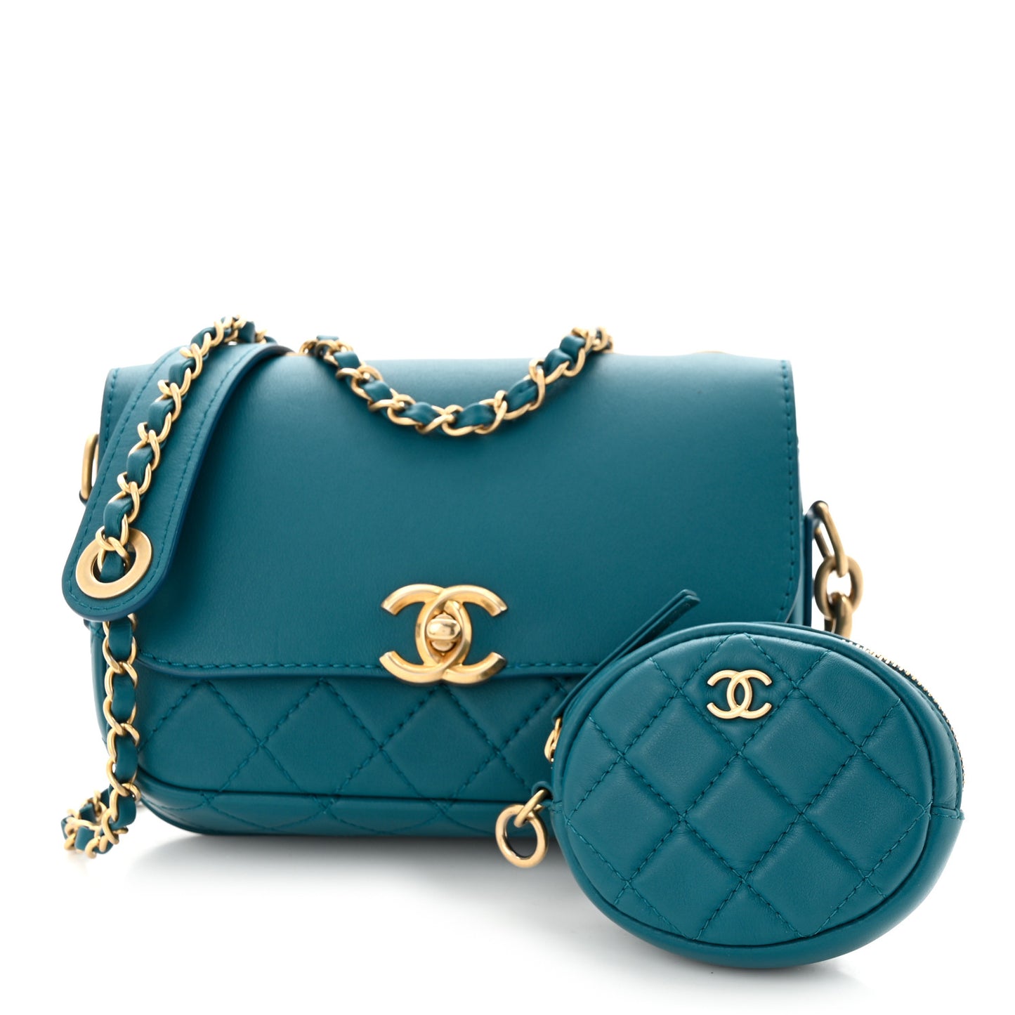 Calfskin Quilted Multi Pouching Flap And Coin Purse Blue
