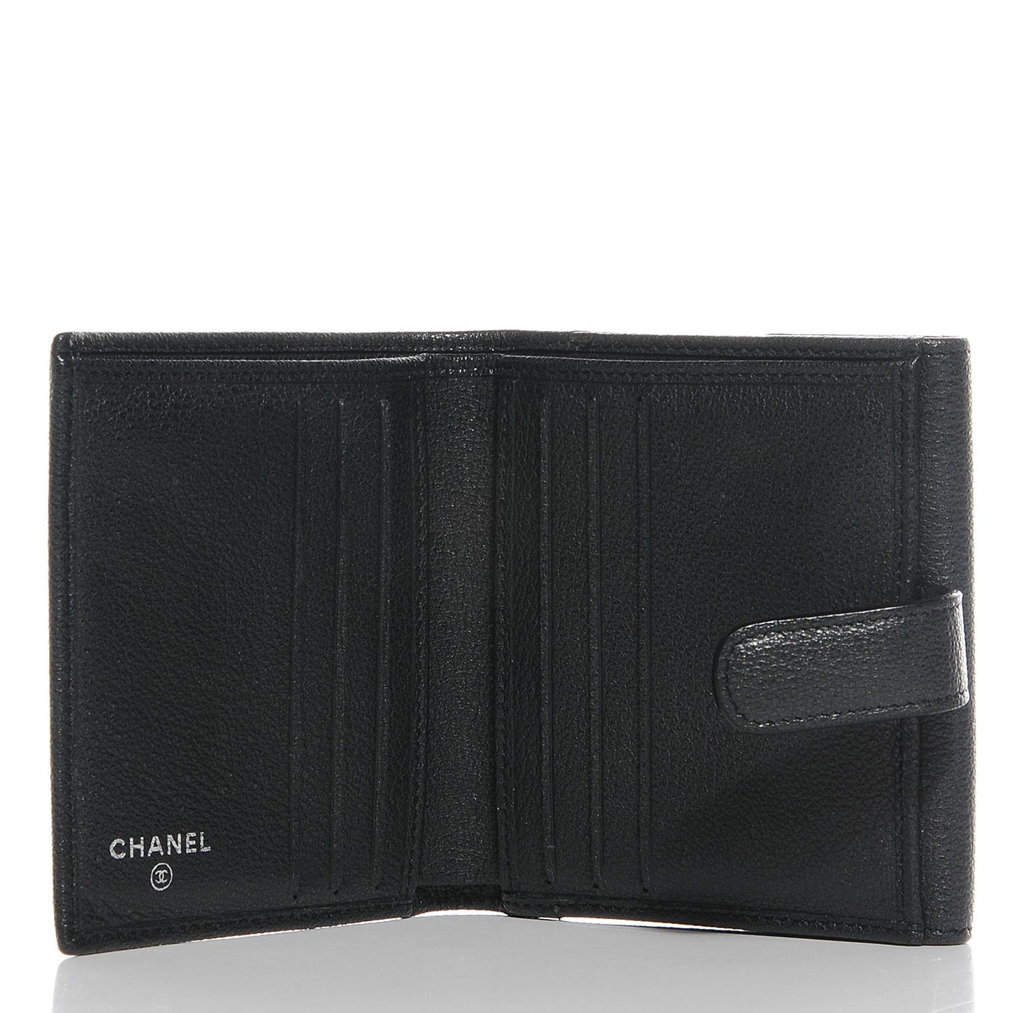 Glazed Goatskin Camellia Embossed French Flap Wallet Black