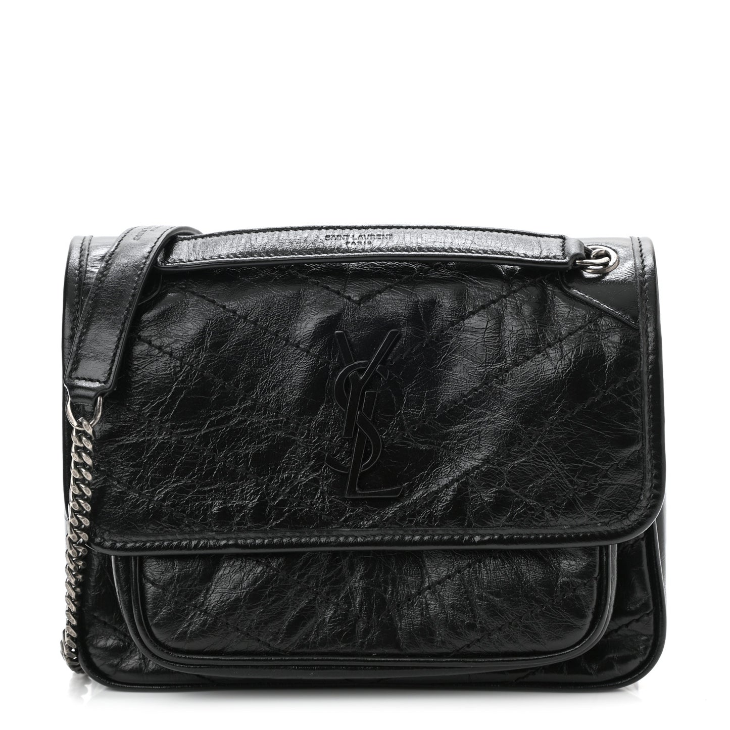 Crinkled Lambskin Matelasse Monogram Baby Niki Chain Satchel Black