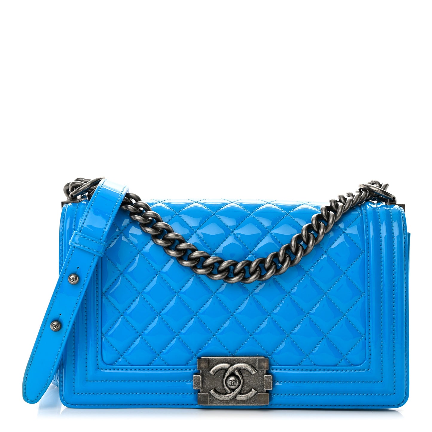 Patent Calfskin Quilted Medium Boy Flap Blue