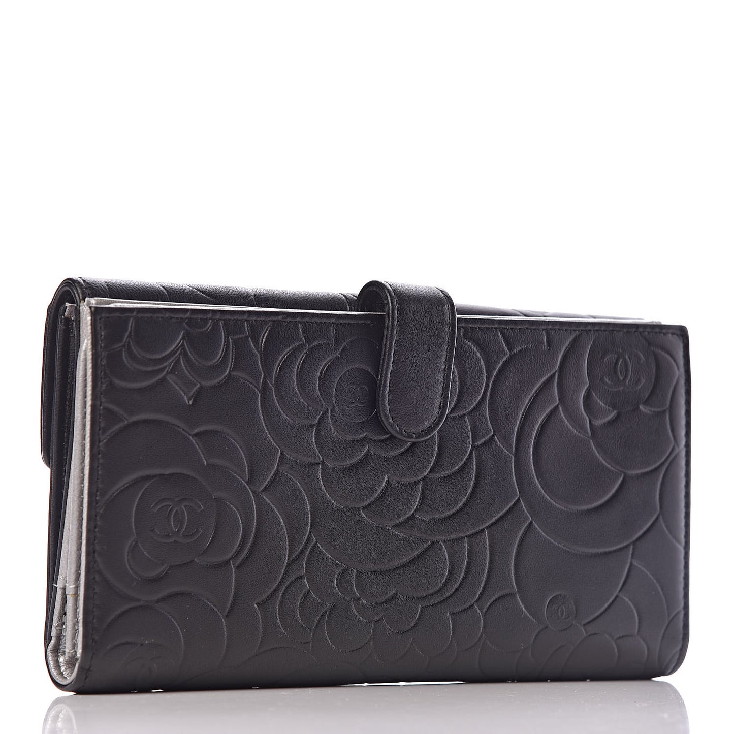 Lambskin Camellia Embossed Long Double Wallet Black